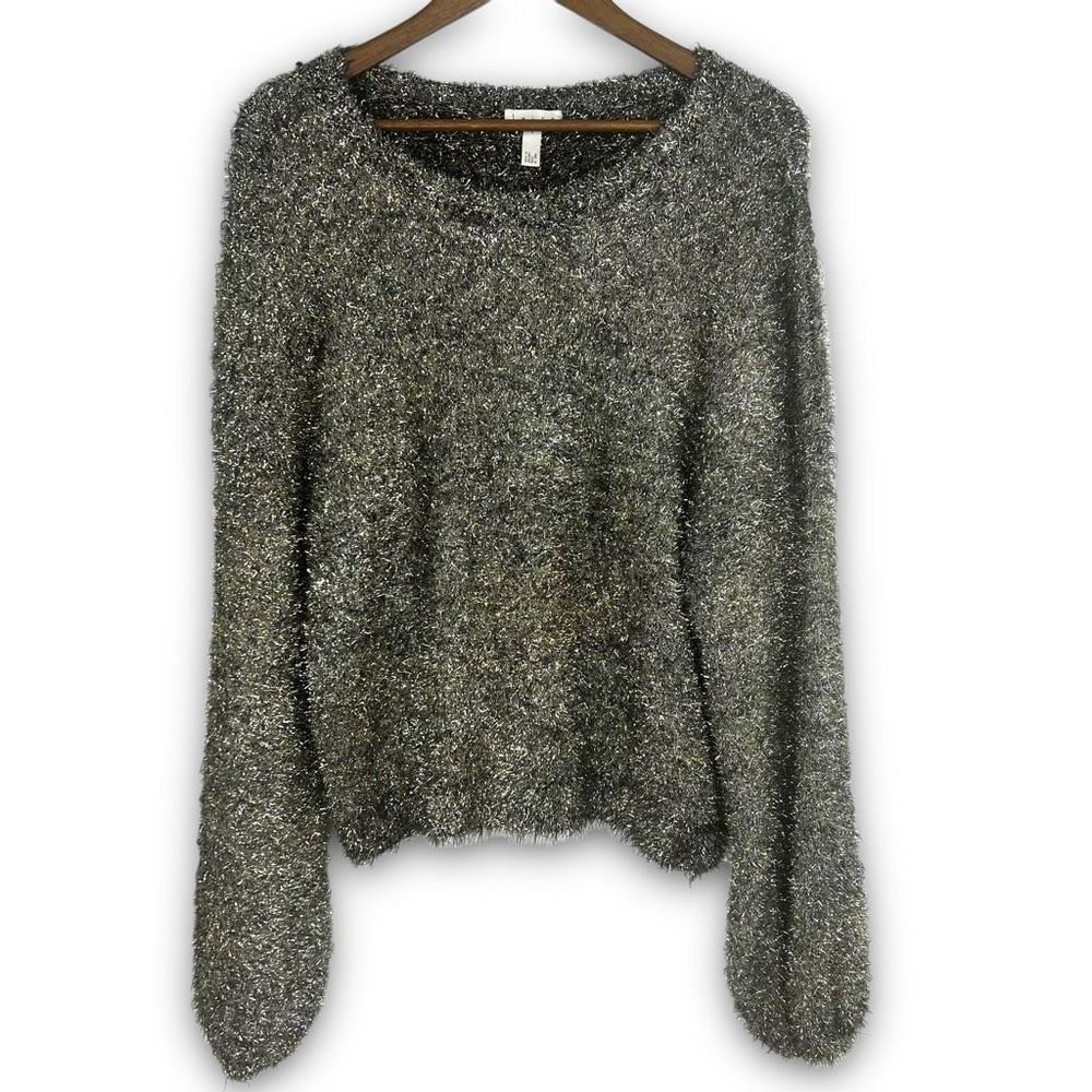 Leith Balloon Sleeve Christmas Gold Metallic Tinsel Sparkle Pullover Sweater L